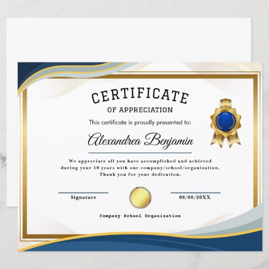 Papier Certificat d'appréciation (Devant / Derrière)