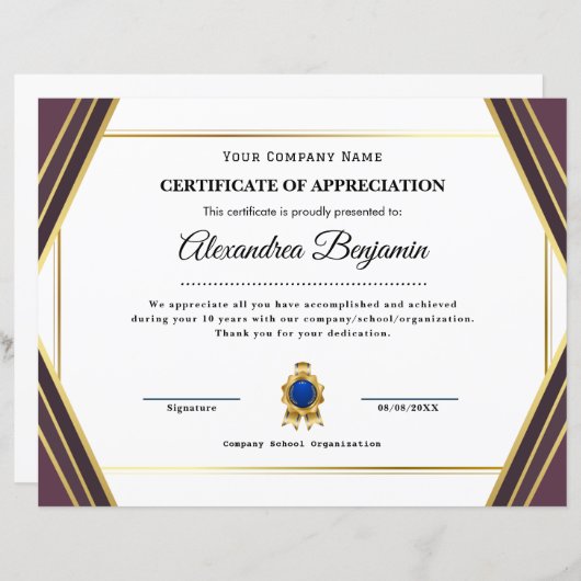 Papier Certificat d'appréciation (Devant / Derrière)