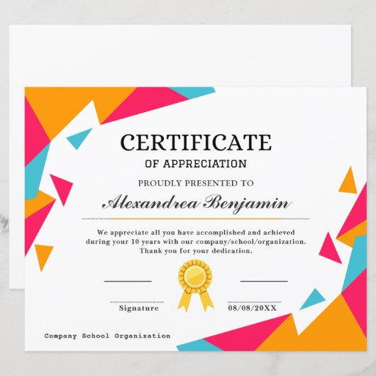 Papier Certificat d'appréciation (Devant / Derrière)