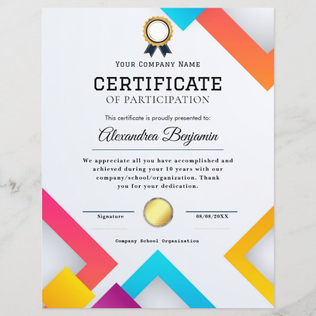 Papier Certificat d'appréciation (Devant)