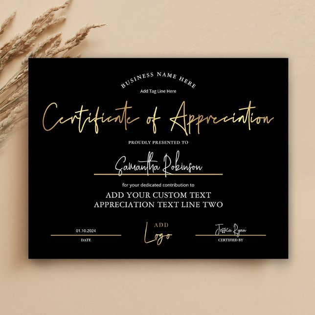 Papier Certificat d'appréciation Diplôme d'or noir (Elegant black and gold Certificate of Appreciation award with space for your logo and custom text)