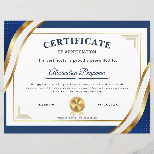 Papier Certificat d'appréciation élégant (Devant)