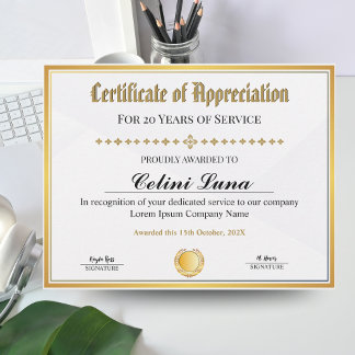 Papier Certificat d'appréciation - Gold Frame Work