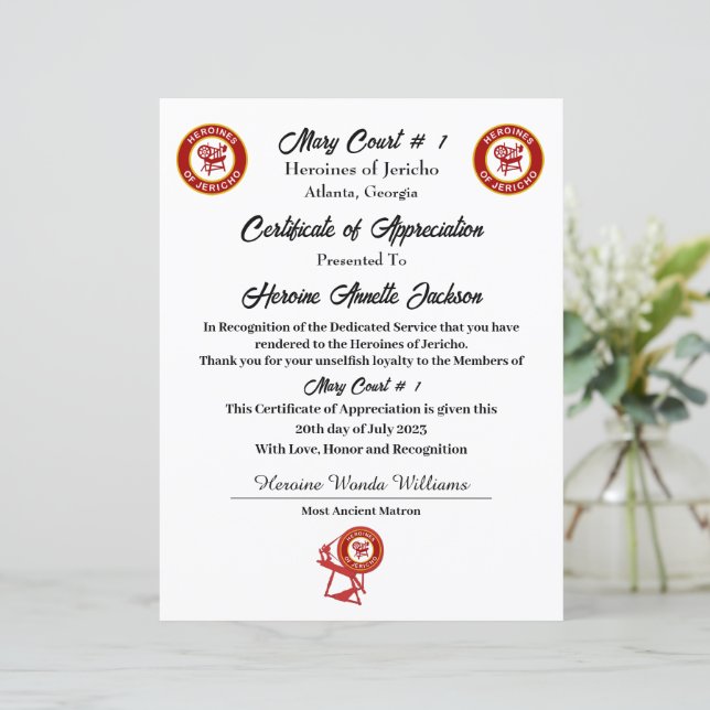 Papier Certificat d'appréciation HOJ (Debout devant)