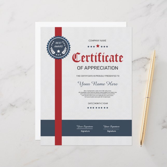 Papier Certificat D'Appréciation Imprimable (Devant/Arrière en situation)