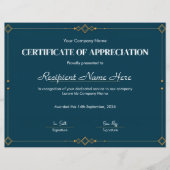 Papier Certificat d'appréciation Navy Gold élégant Desi (Devant)