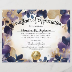Papier Certificat d'appréciation Or Floral Aquarelle
