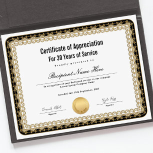 Papier Certificat d'appréciation pour années de service