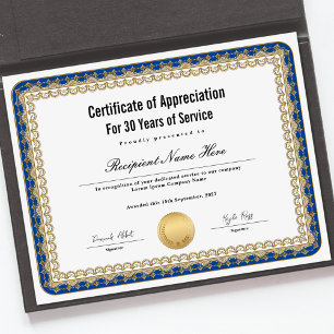Papier Certificat d'appréciation pour années de service