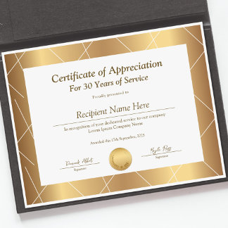Papier Certificat d'appréciation pour années de service