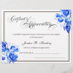 Papier Certificat d'appréciation Prix Floral bleu