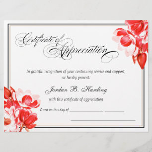 Papier Certificat d'appréciation Prix Floral rouge