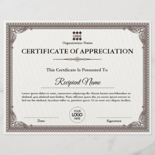 Papier Certificat d'appréciation Prix personnalisable