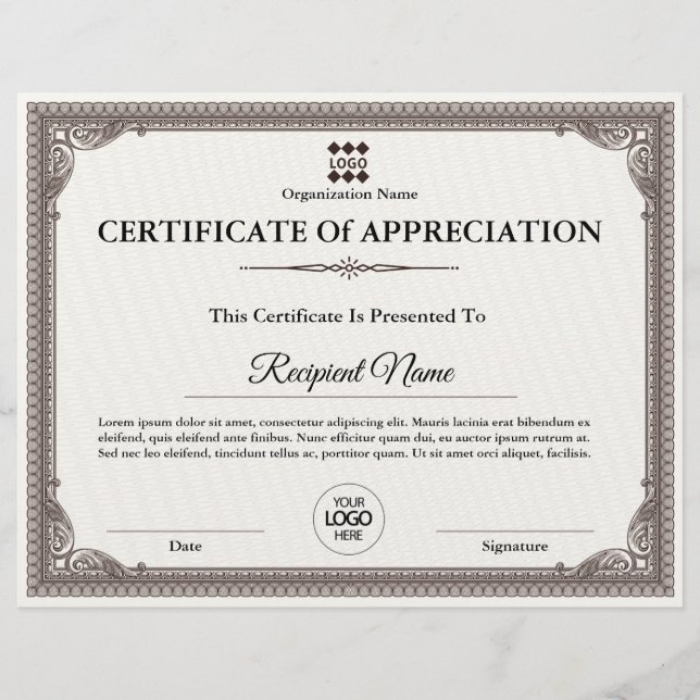 Papier Certificat d'appréciation Prix personnalisable (Devant)