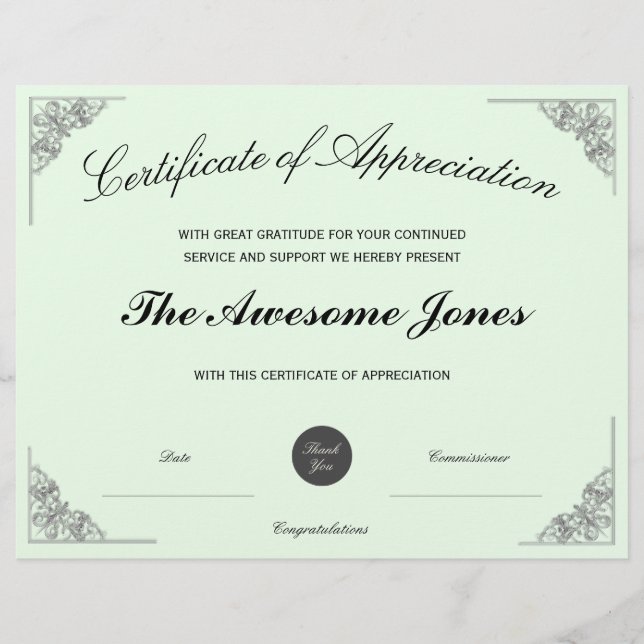 Papier Certificat d'appréciation vert avec logo personnal (Devant)