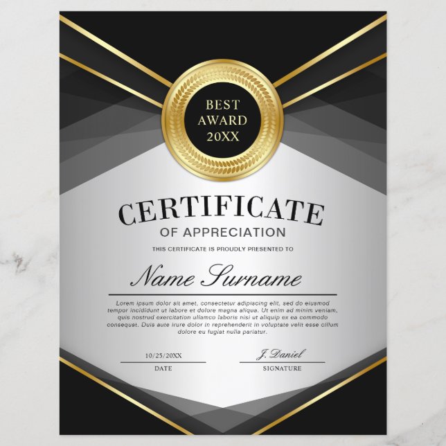Papier Certificat d'appréciation vertical noir et or (Devant)