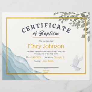 Papier Certificat d'aquarelle de baptême