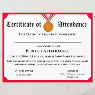 Papier Certificat d'attribution d'une présence parfaite p