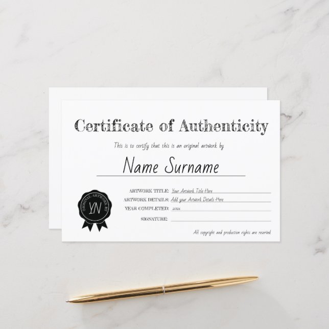 Papier Certificat d'authenticité (Devant/Arrière en situation)
