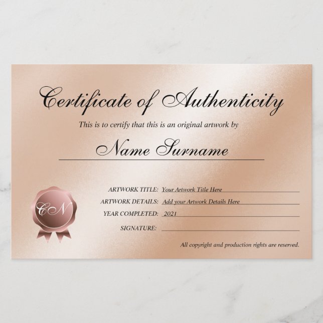 Papier Certificat d'authenticité (Devant)
