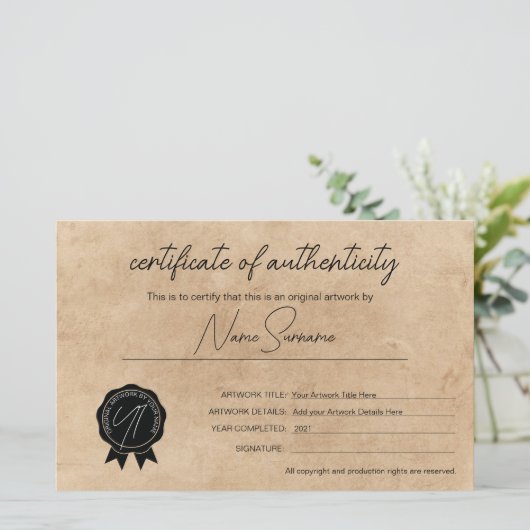 Papier Certificat d'authenticité minimaliste simple (Debout devant)