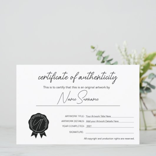 Papier Certificat d'authenticité minimaliste simple (Debout devant)