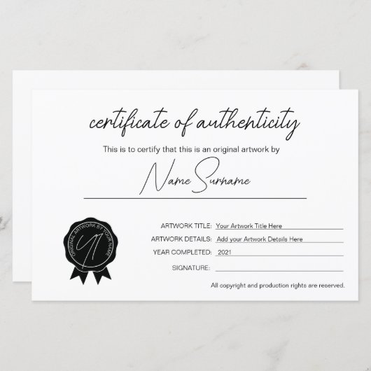 Papier Certificat d'authenticité minimaliste simple (Devant / Derrière)