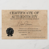 Papier Certificat d'authenticité simple fait main (Devant)