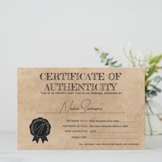 Papier Certificat d'authenticité simple fait main (Debout devant)