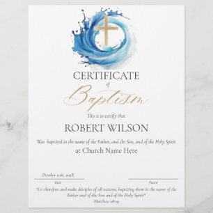Papier Certificat de baptême, baptême d'eau