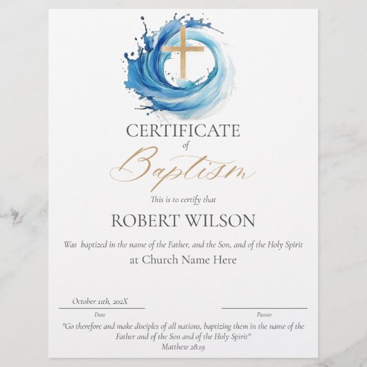 Papier Certificat de baptême, baptême d'eau (Devant)