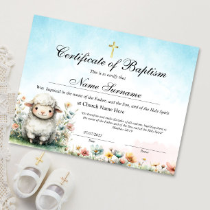 Papier Certificat de baptême d'agneau, Dédicace de bébé