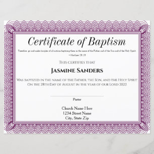 Papier Certificat de baptême de la frontière violette