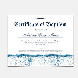 Papier Certificat de baptême d'eau bébé baptême