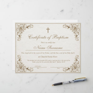 Papier Certificat de baptême, dédicace de bébé