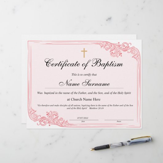 Papier Certificat de baptême, Dédication pour bébés (Devant/Arrière en situation)