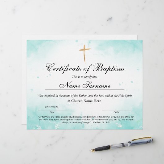 Papier Certificat de baptême, Dédication pour bébés (Devant/Arrière en situation)