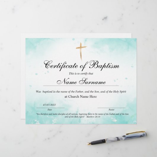 Papier Certificat de baptême, Dédication pour bébés (Devant/Arrière en situation)