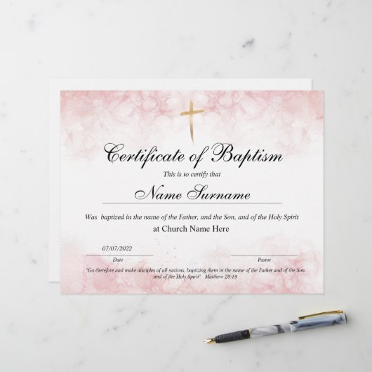 Papier Certificat de baptême, Dédication pour bébés (Devant/Arrière en situation)