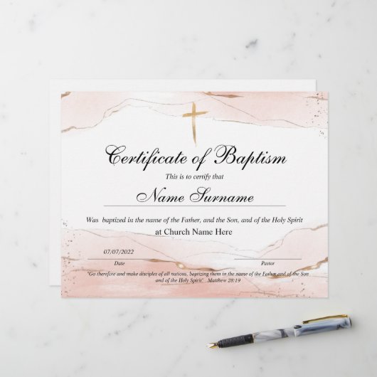 Papier Certificat de baptême, Dédication pour bébés (Devant/Arrière en situation)