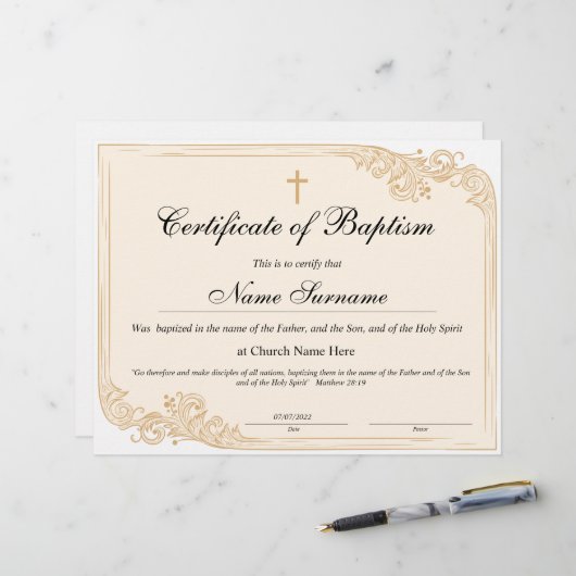 Papier Certificat de baptême, Dédication pour bébés (Devant/Arrière en situation)