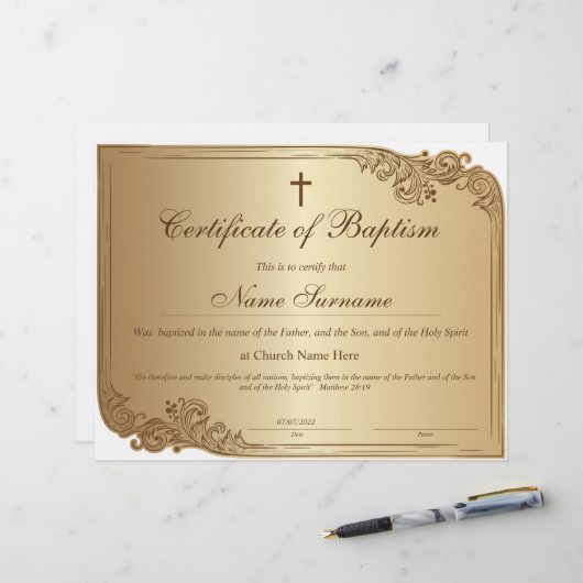 Papier Certificat de baptême, Dédication pour bébés (Devant/Arrière en situation)