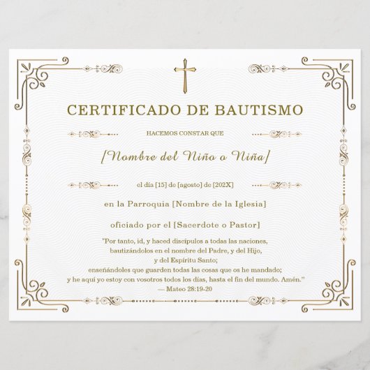 Papier Certificat de Baptême Élégant (Devant)