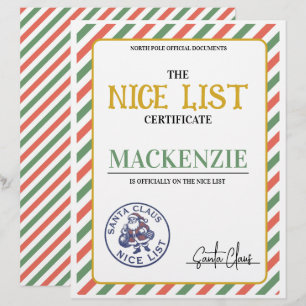 Papier Certificat de bonne liste signé par le Père Noël P