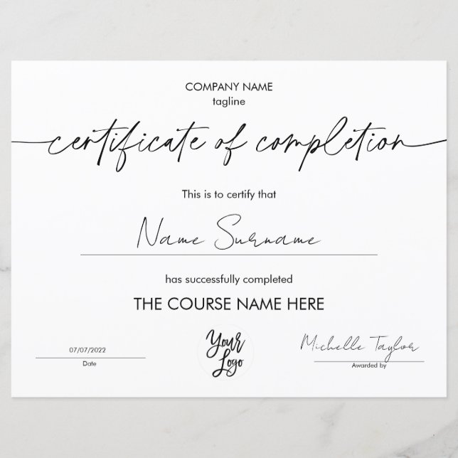 Papier Certificat de Completion Simple Moderne Ajouter Lo (Devant)