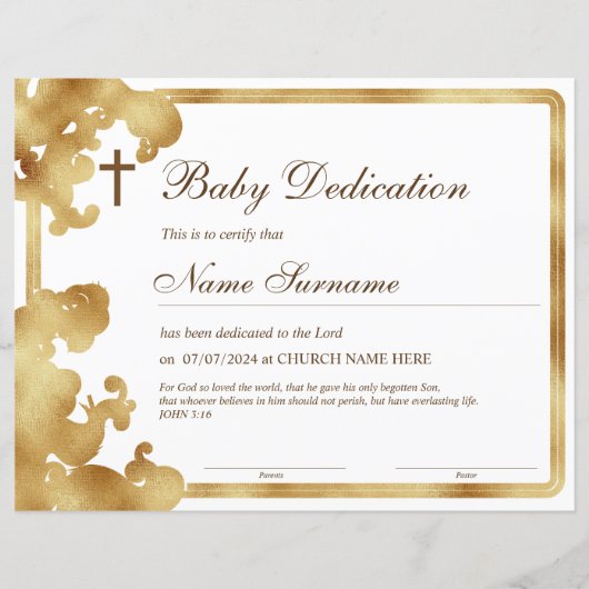 Papier Certificat de dédicace pour bébé en or, Baptême (Devant)
