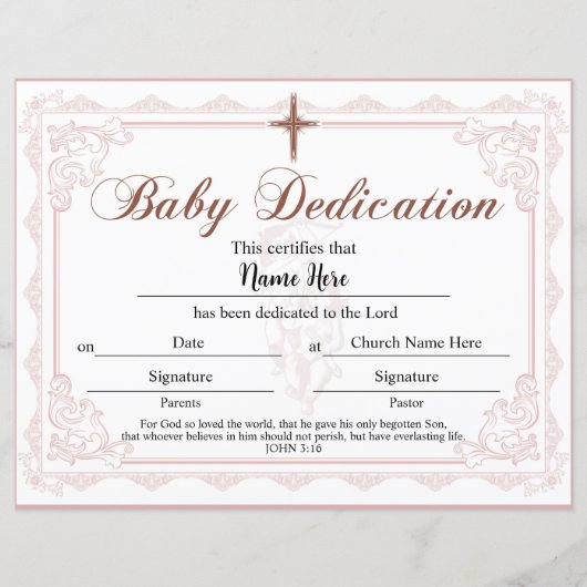 Papier Certificat de dédicace pour bébé Fille rose (Devant)