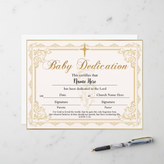 Papier Certificat de dédicace pour bébé Gold (Devant/Arrière en situation)