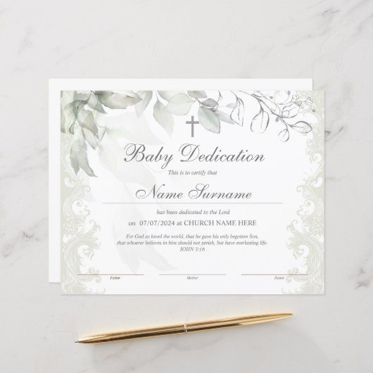 Papier Certificat de dédicace pour bébé vert, Baptême (Devant/Arrière en situation)