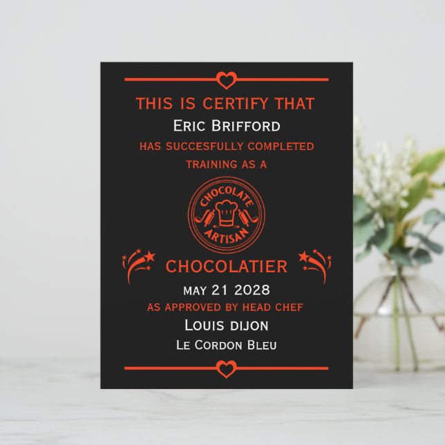 Papier Certificat de fabricant de chocolatier (Debout devant)
